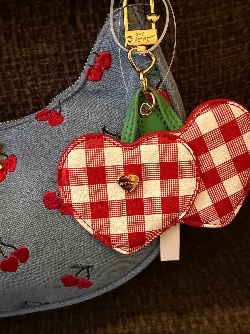 Betsey Johnson Denim Cherry Embroidered Shoulder Bag Zip Gold Hardware 🍒